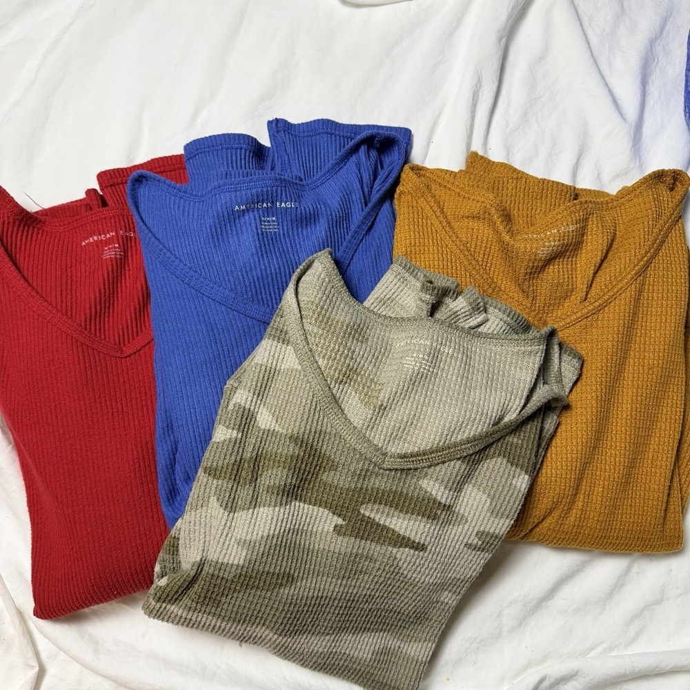 Lot 4 American Eagle V Neck Waffle Knit Long Sleeve Oversized Sweater Tops Med - Picture 1 of 9